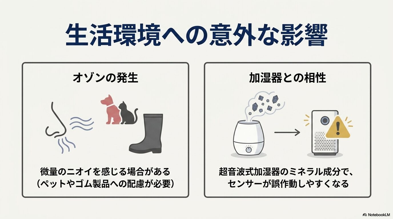 オゾンの発生により微量のニオイを感じる場合があることや、家庭用製品では安全基準を考慮して設計されていること、定期メンテナンスの重要性、超音波式加湿器との併用注意を示すイラスト