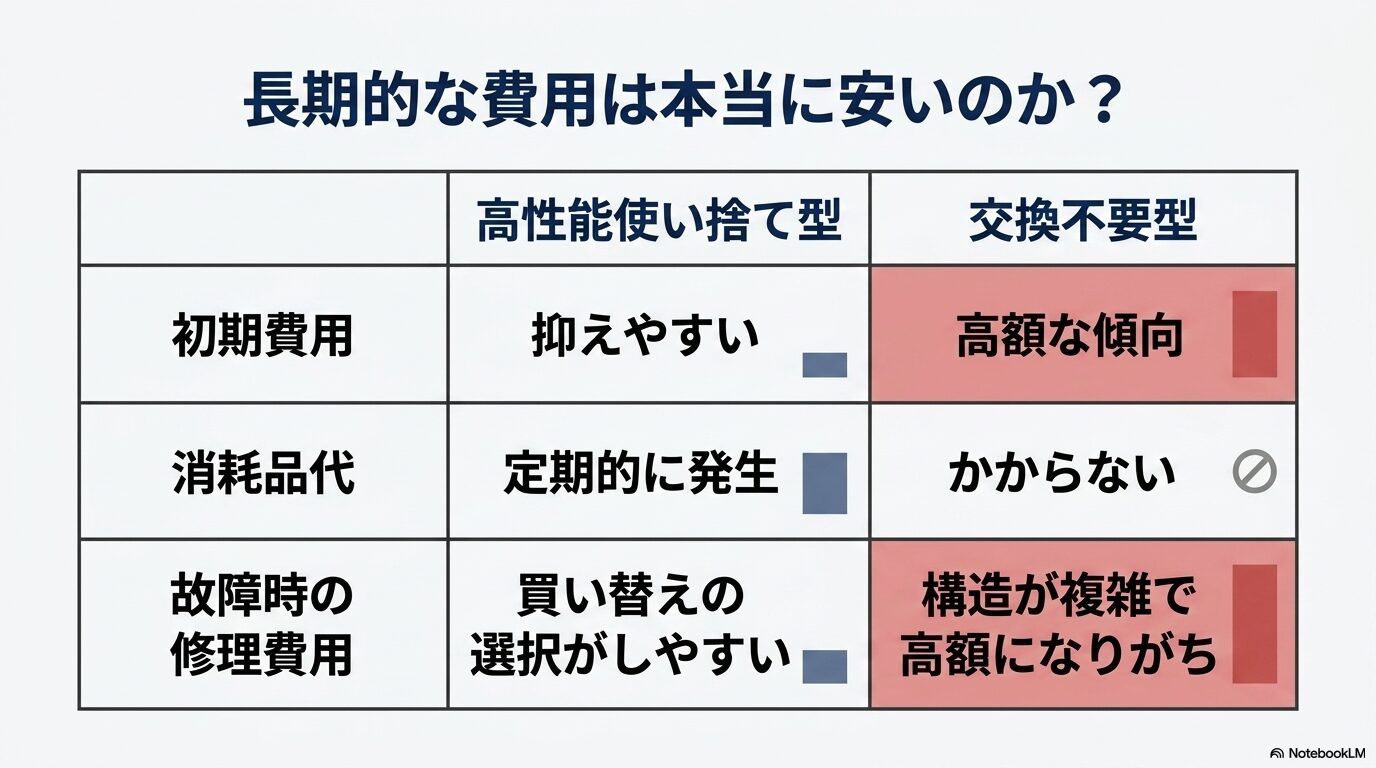 高性能使い捨て型と交換不要型の初期費用、消耗品代、故障時の修理費用を比較した表