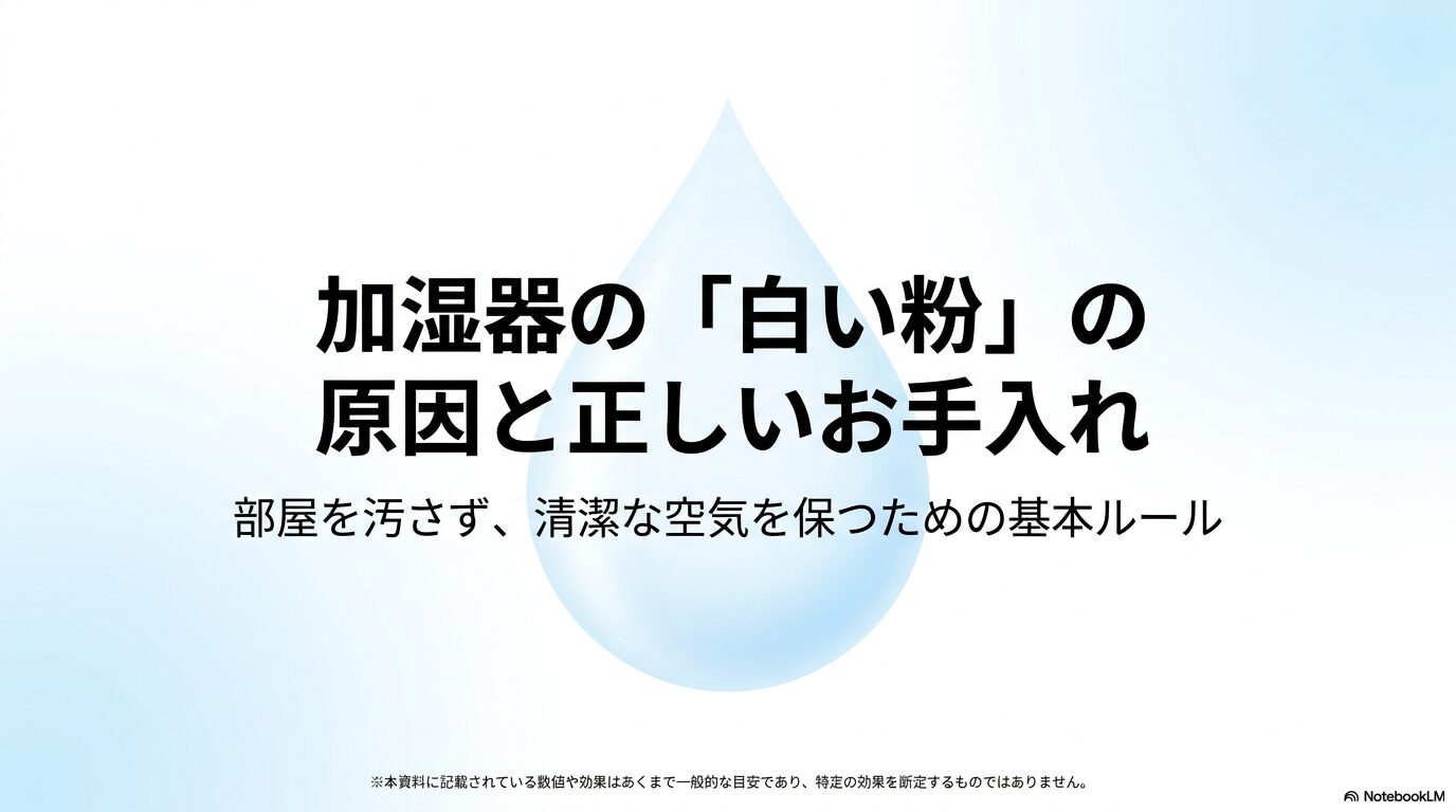 加湿器から出る白い粉の原因と、部屋を汚さず清潔な空気を保つための正しいお手入れ方法を解説するタイトルスライド