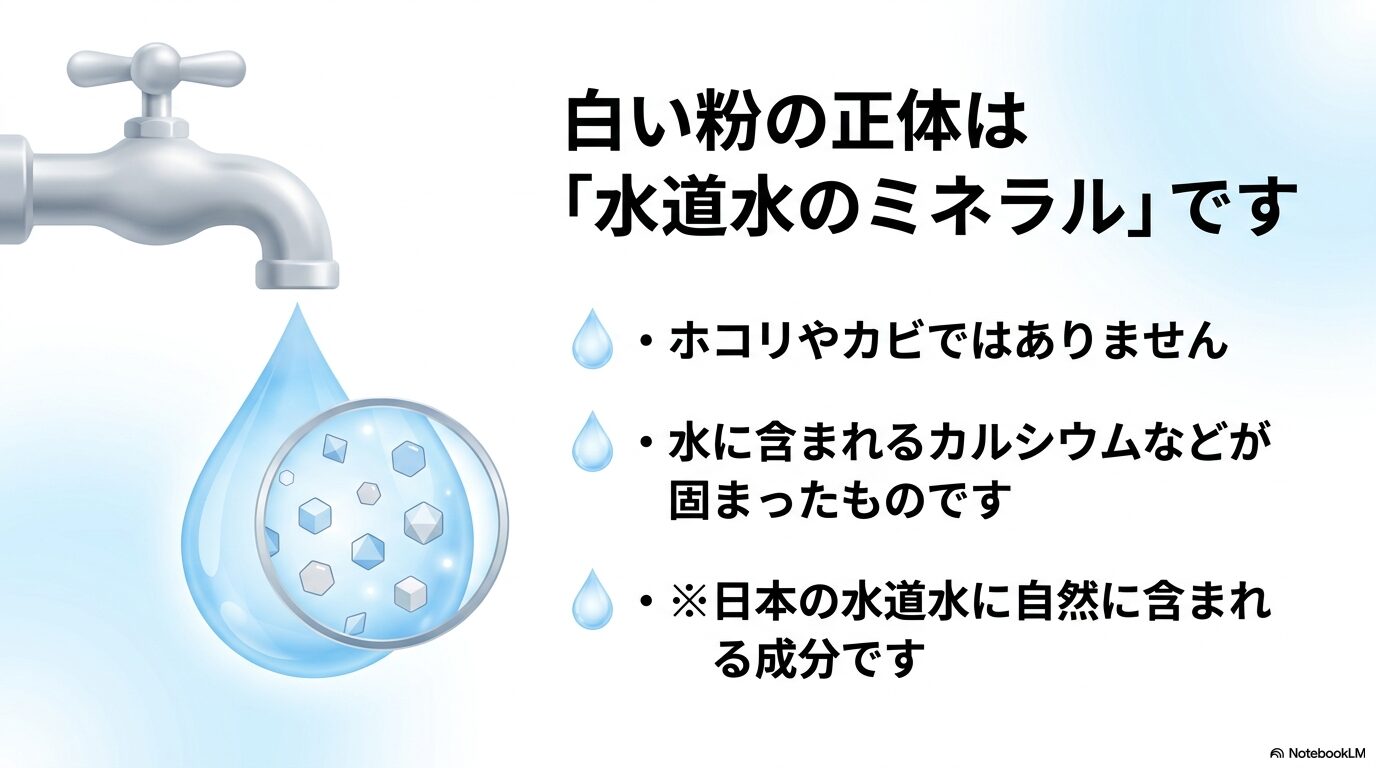 白い粉の正体はホコリやカビではなく、日本の水道水に自然に含まれるカルシウムなどのミネラル成分が固まったものであることを説明するスライド