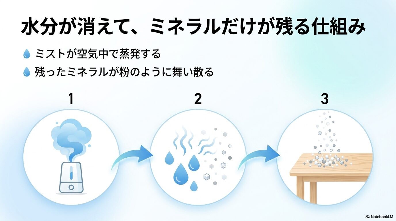 空気中でミストの水分が蒸発し、残ったミネラル成分だけが粉のように舞い散る仕組みを3ステップで解説した図解スライド