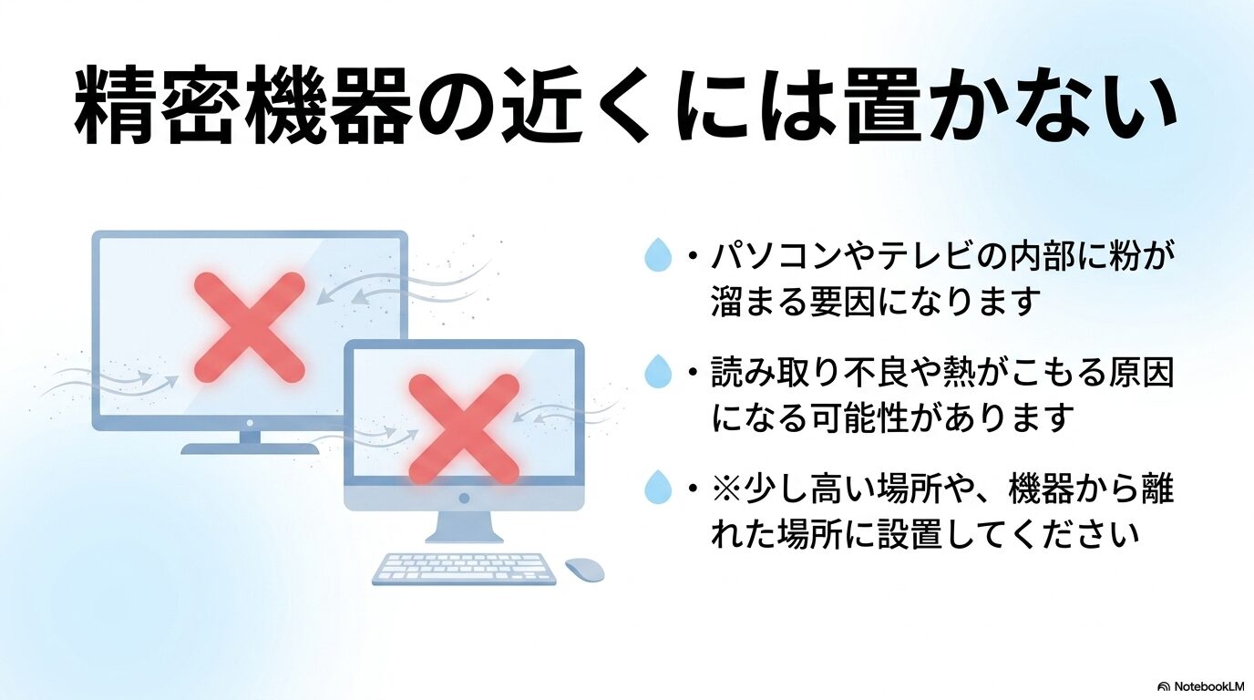 パソコンやテレビなどの精密機器の近くに加湿器を置くと、内部へ微細なミネラル粒子が入り込むことで、汚れの蓄積や冷却性能低下の一因となる可能性があるため避けるべきであるという注意喚起のスライド