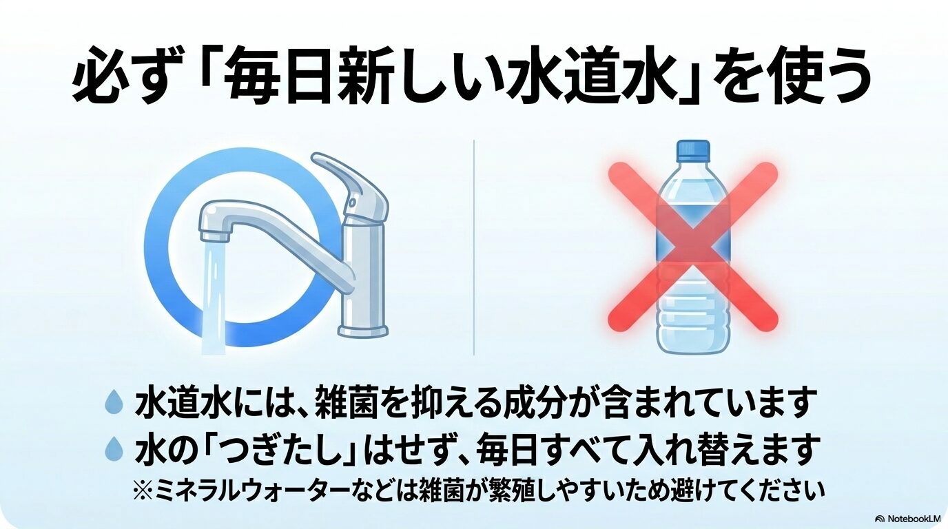 雑菌を抑える成分が含まれるため、水のつぎたしやミネラルウォーターの使用は避け、毎日新しい水道水を使うべきであることを伝えるスライド