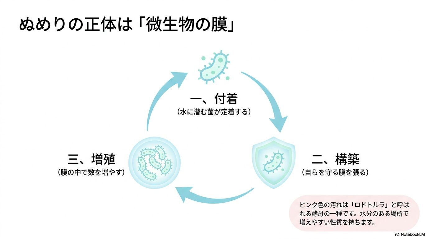 ぬめりの正体は微生物の膜。水に潜む菌が定着する「付着」、自らを守る膜を張る「構築」、膜の中で数を増やす「増殖」の3ステップと、ピンク色の汚れの原因となるロドトルラ（酵母の一種）についての図解。