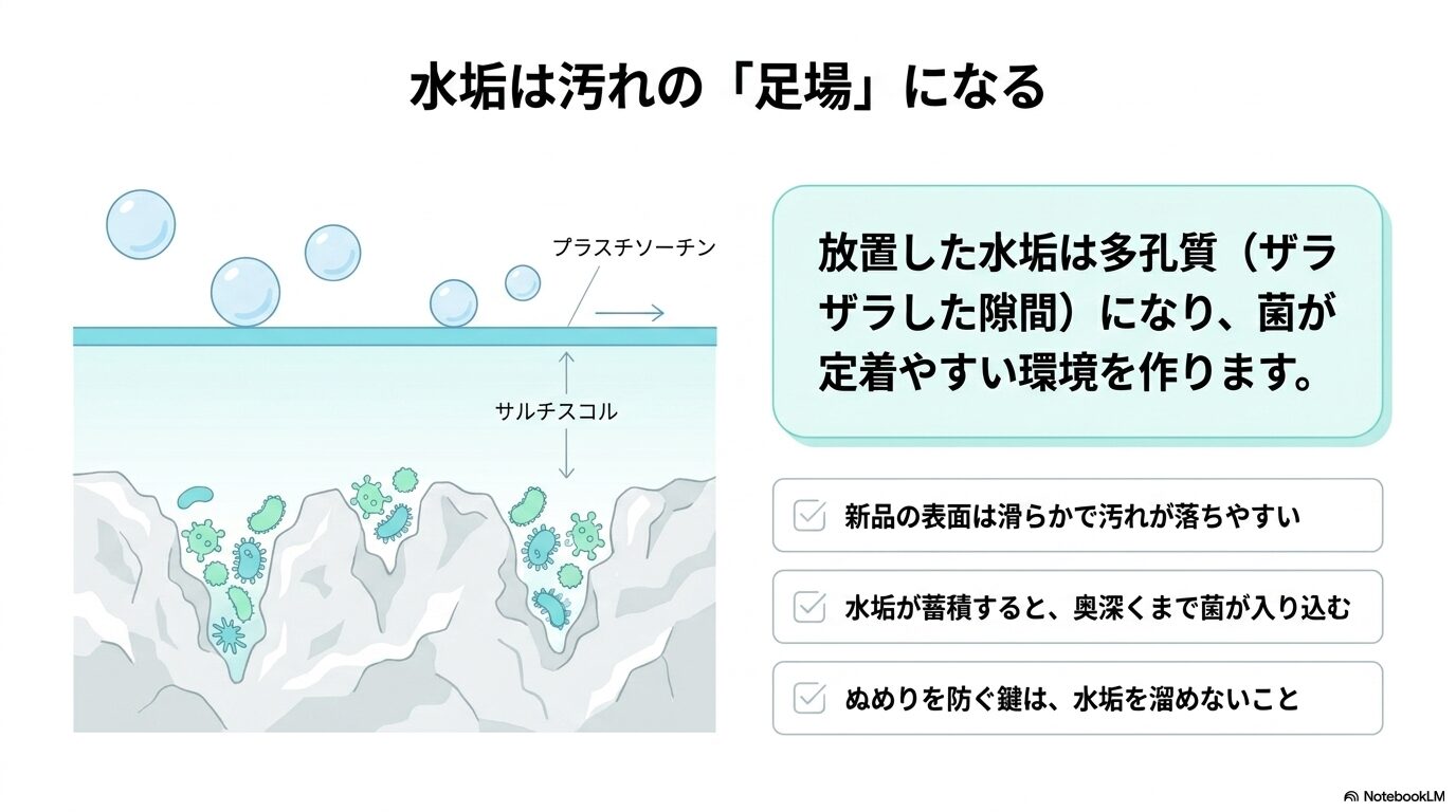 水垢は汚れの「足場」になる。放置した水垢の多孔質（ザラザラした隙間）に奥深くまで菌が入り込み、定着しやすい環境を作るメカニズムの図解。