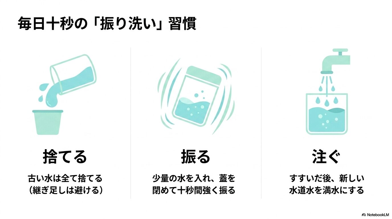 毎日十秒の「振り洗い」習慣。古い水を全て捨てる、少量の水を入れて蓋を閉めて十秒間強く振る、すすいだ後新しい水道水を満水にするという3ステップの手順。