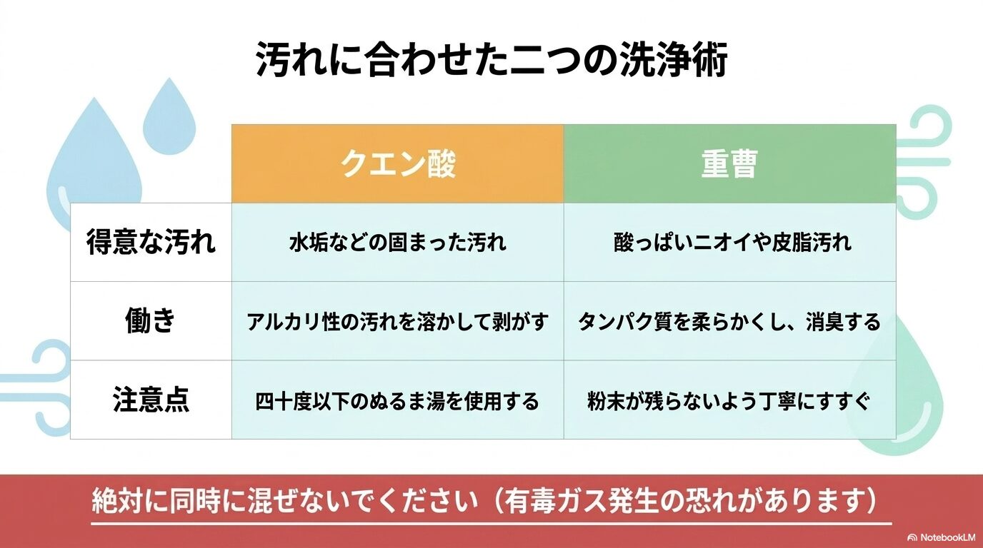 汚れに合わせた二つの洗浄術。水垢などのアルカリ性の汚れを溶かすクエン酸と、酸っぱいニオイやタンパク質を消臭して柔らかくする重曹の働き、および注意点の比較表。