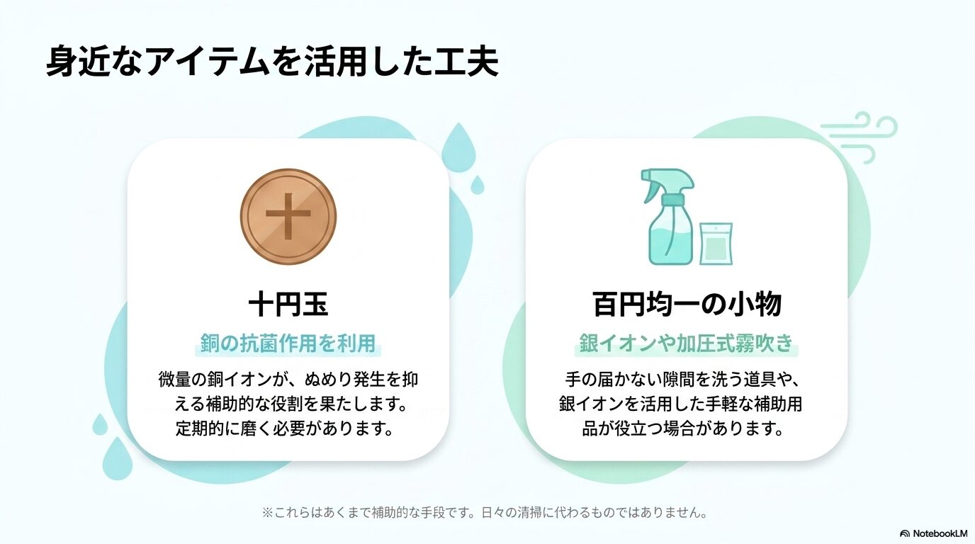 身近なアイテムを活用した工夫。微量の銅イオンでぬめりを抑える十円玉の活用と、隙間を洗う加圧式霧吹きや銀イオンなどの百円均一の小物を補助的に利用する方法。