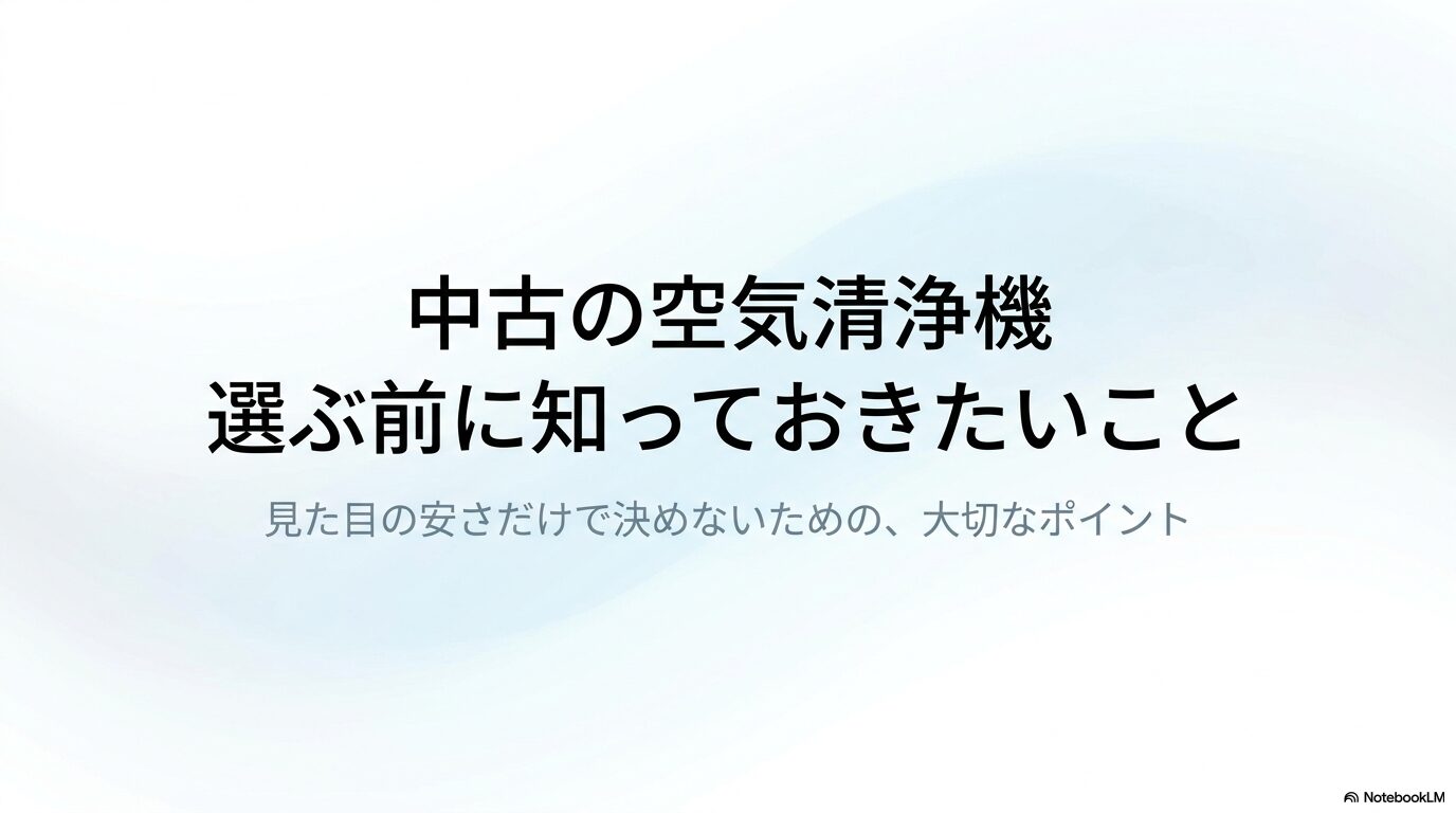 「中古の空気清浄機 選ぶ前に知っておきたいこと。見た目の安さだけで決めないための、大切なポイント」と書かれた表紙スライドの画像。