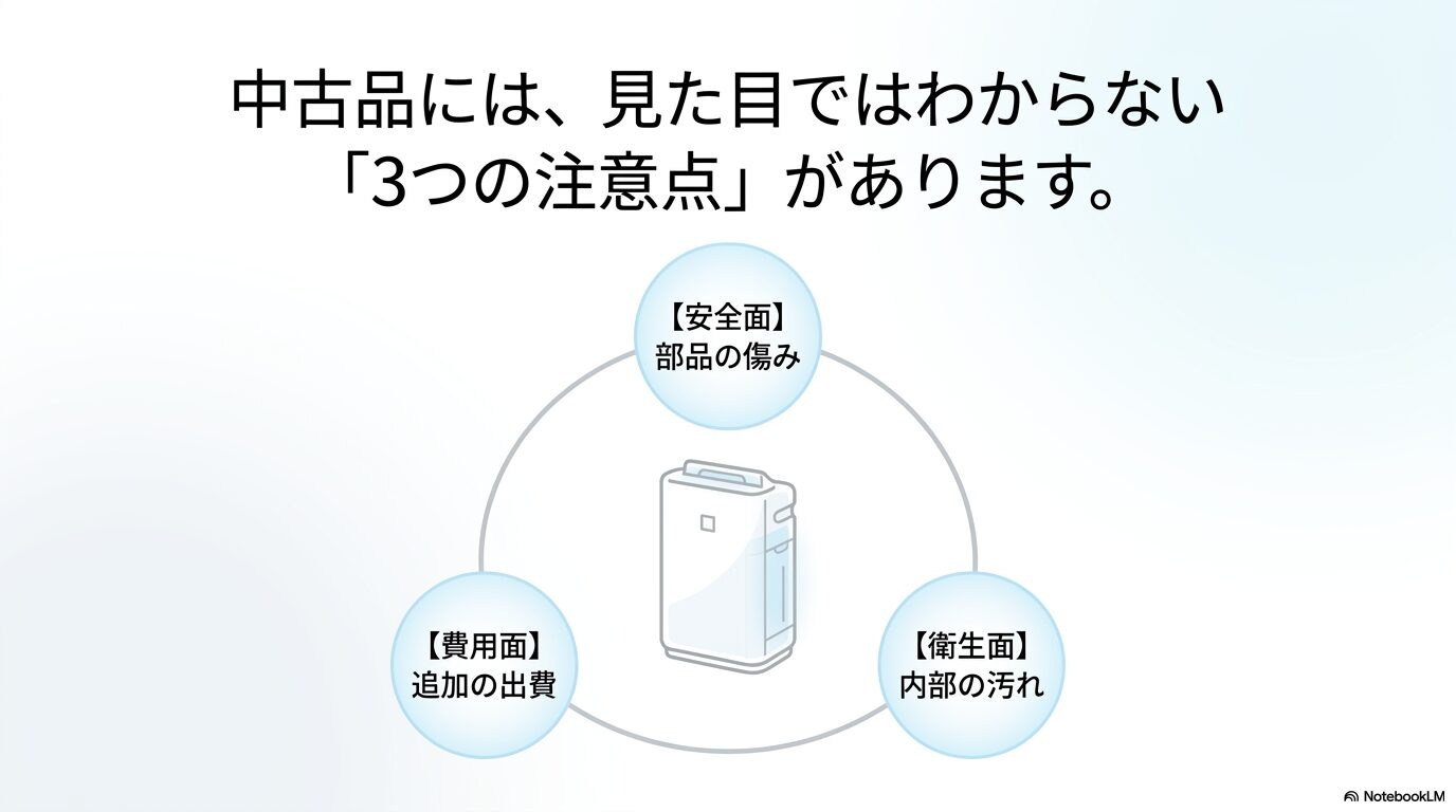 中古の空気清浄機には見た目ではわからない3つの注意点として、安全面（部品の傷み）、費用面（追加の出費）、衛生面（内部の汚れ）があることを示すスライド画像。