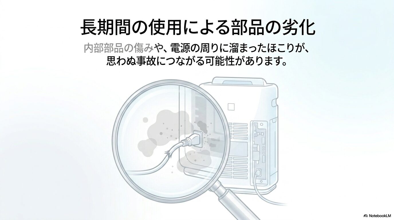 空気清浄機の電源コードの根元にホコリが溜まり、コードが傷んでいる様子を虫眼鏡で拡大しているイラスト。「長期間の使用による部品の劣化。内部部品の傷みや、電源の周りに溜まったほこりが、火災につながる可能性があります」との説明テキスト。