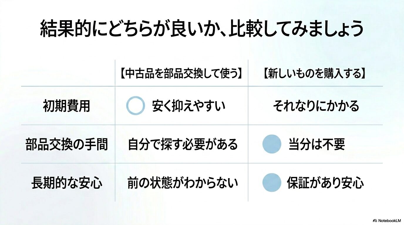 「中古品を部品交換して使う」と「新しいものを購入する」の比較表。初期費用、部品交換の手間、長期的な安心の3項目で比較し、新品購入のほうが当分は部品交換が不要で保証があり安心であることを示しているスライド画像。