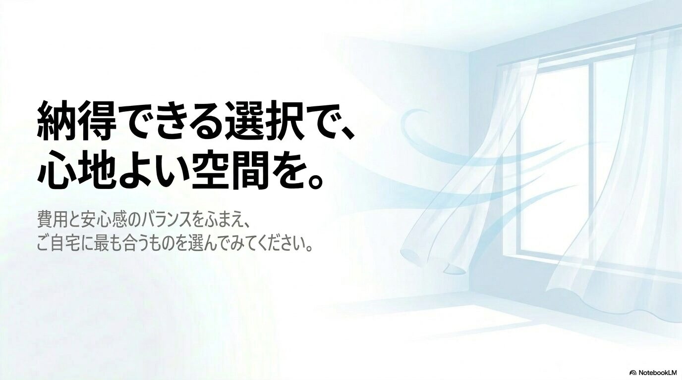 「納得できる選択で、心地よい空間を。費用と安心感のバランスをふまえ、ご自宅に最も合うものを選んでみてください」というメッセージが書かれた、記事の結びとなるスライド画像。