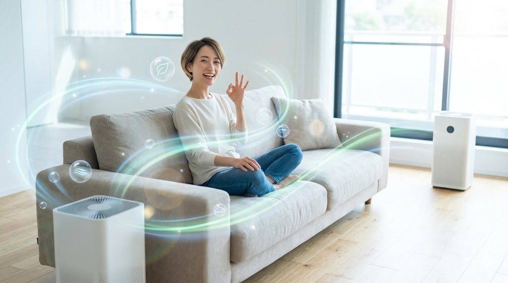 2台の空気清浄機、ソファーに座る女性。