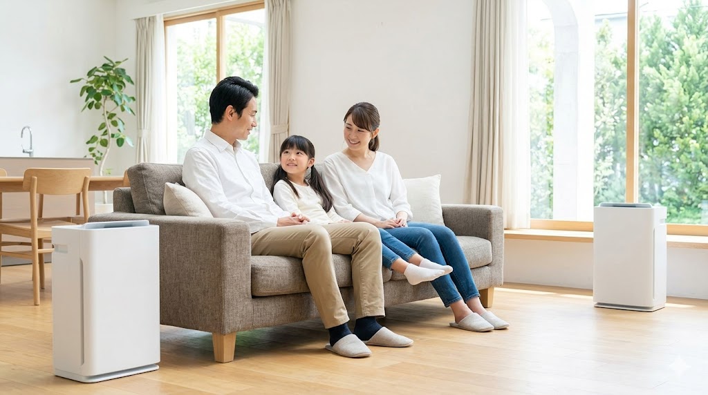 リビングで快適に過ごす日本人家族と、効果的に配置された2台の空気清浄機。広い部屋でも隅々までクリーンな空気環境を維持できることを表現。