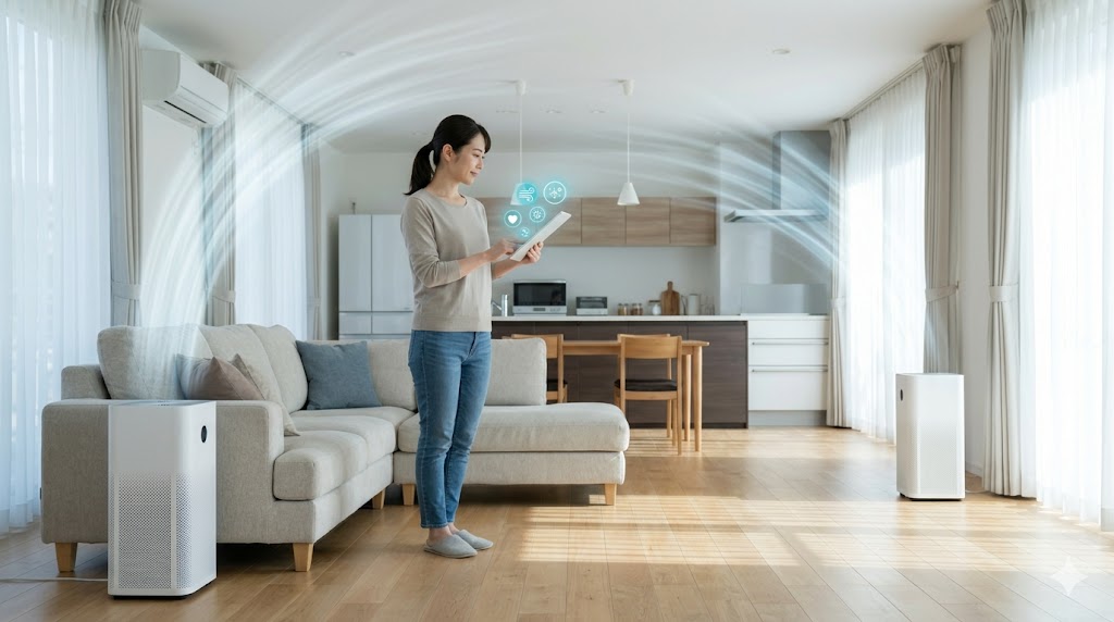 広いLDKで2台の空気清浄機(オーバースペック運用)が強力な気流を生み出し、部屋全体を短時間で浄化する様子。迅速な清浄スピードを視覚化。