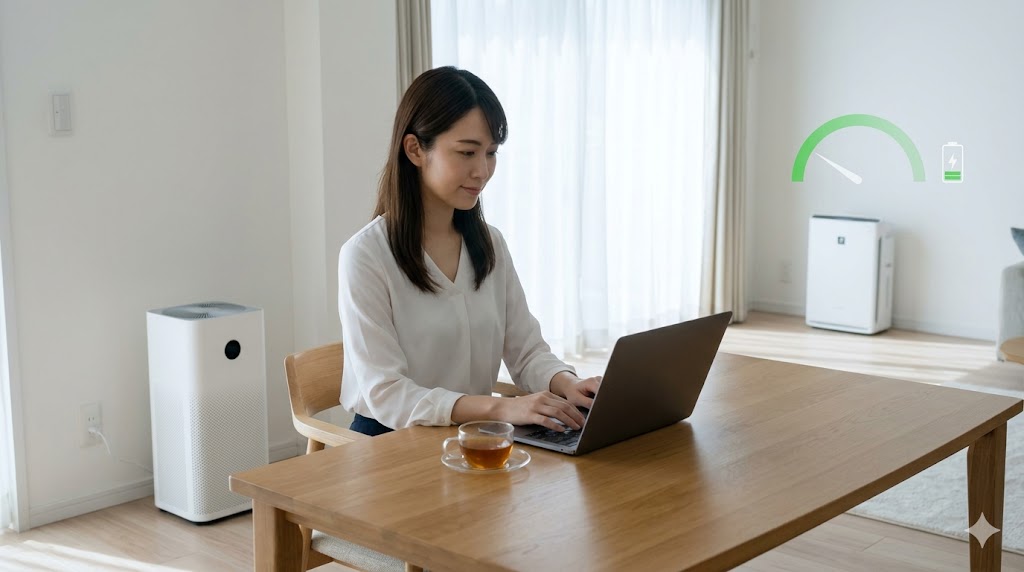 テレワークに集中する日本人女性の背後で、静音モードで稼働する2台の空気清浄機。強運転を避けることで節電と静かさを両立する様子。