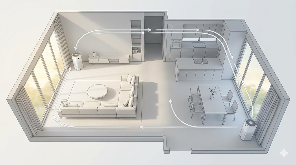 L字型のリビングダイニングにおける2台の空気清浄機の対角線配置の図解。部屋全体の空気の淀みを解消し、均一な気流を作り出す理想的なレイアウト。