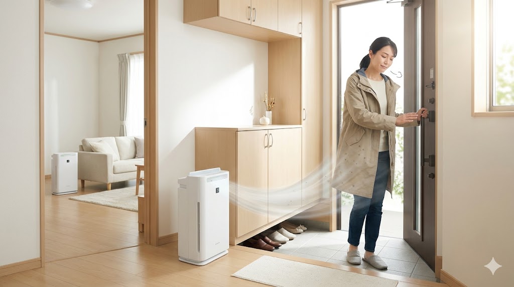 帰宅時に玄関でコートの花粉を払う日本人女性と、それを即座に吸引する玄関設置の空気清浄機。リビングへの汚染物質侵入を防ぐ水際対策の様子。