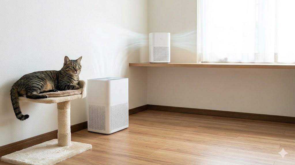 猫がいるリビングで、床置きされた大型空気清浄機(抜け毛対策)と、棚の上に置かれた小型空気清浄機(ニオイ対策)の分散配置。ペットの特性に合わせた効果的な運用例。