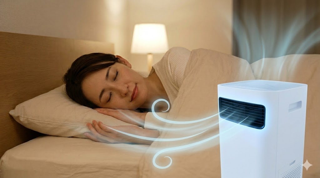 寝室で安らかに眠る日本人の女性と、足元で稼働する空気清浄機。快適な睡眠環境を表現したアイキャッチ画像。