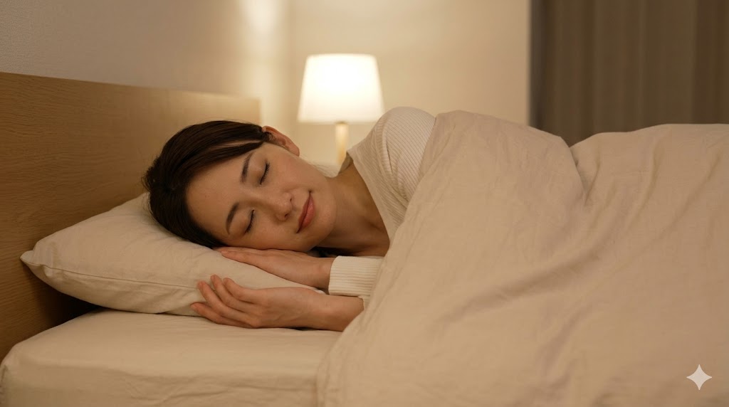 清潔な寝室で安らかに眠る日本人の女性。空気清浄機がもたらす快適な睡眠環境をイメージ。