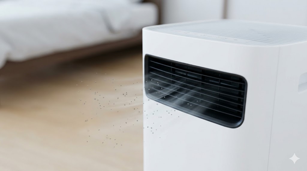 寝室の床付近でハウスダストや花粉を吸引する空気清浄機の吸込口。目に見えない微粒子の動きをイメージ。