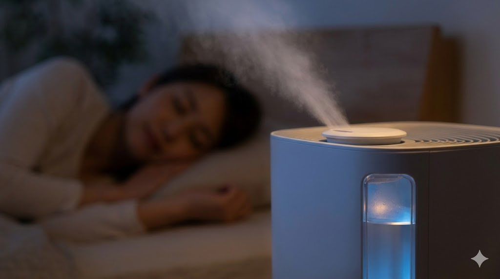 寝室で稼働する加湿空気清浄機。吹き出し口から出る微細なミストが、喉の乾燥を防ぐ様子をイメージ。