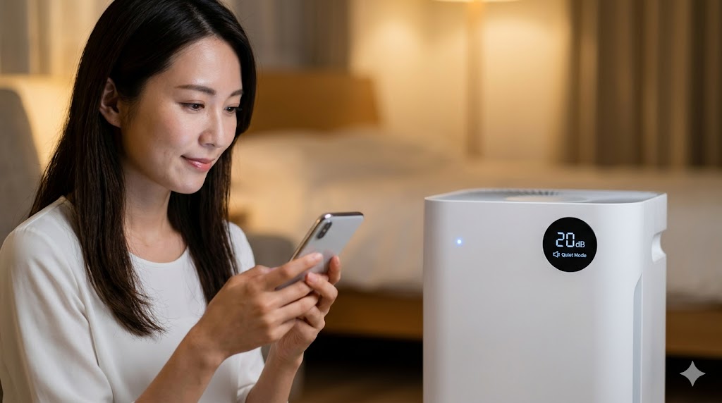 静音モードで稼働する空気清浄機。寝室の静けさを守りながら、20dB以下の低騒音運転をするイメージ