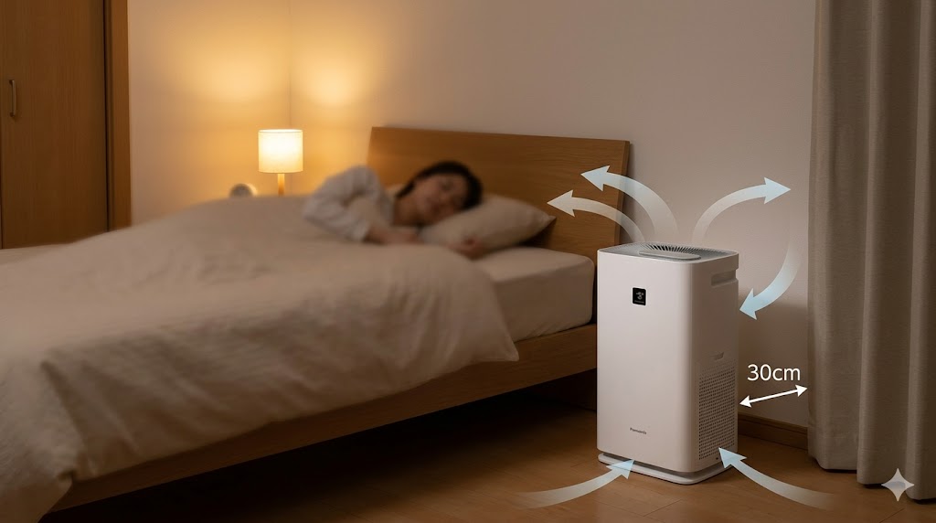 寝室のベッドの足元付近に設置された空気清浄機。壁から離し、効率的な空気循環を作る理想的な置き場所。