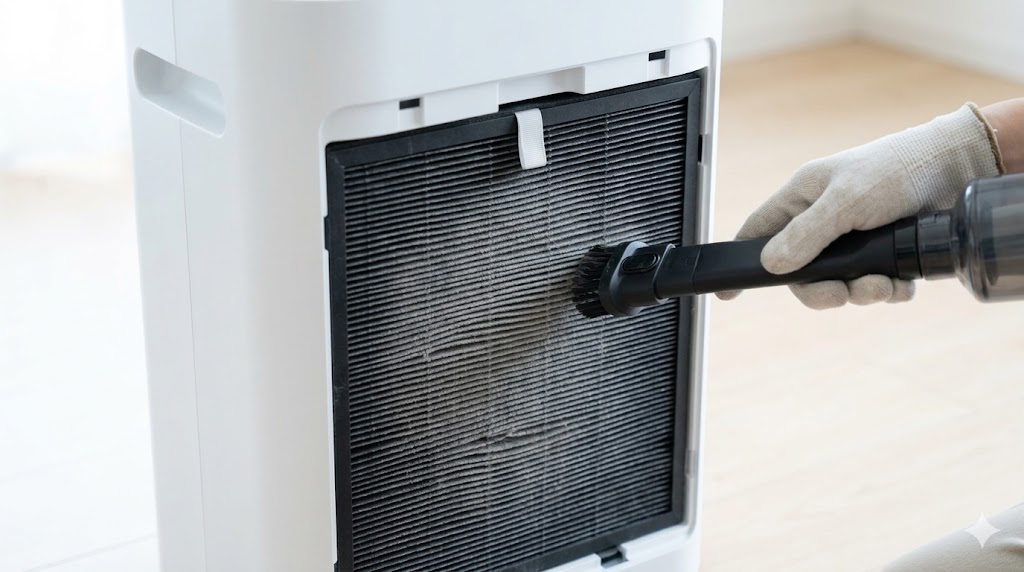 空気清浄機のHEPAフィルターを掃除機でメンテナンスする様子。寝室のホコリを効率よく除去するために重要な作業。