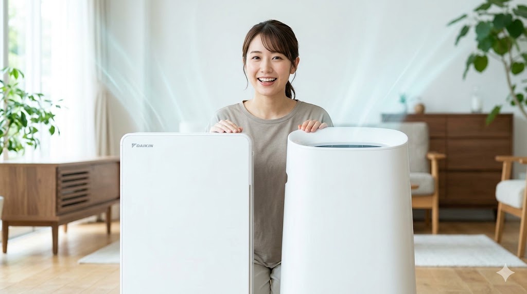 ダイキンとシャープの空気清浄機（左：ダイキン、右：シャープ）が並ぶ、清潔な日本人家庭のリビング。日本人女性が紹介している。