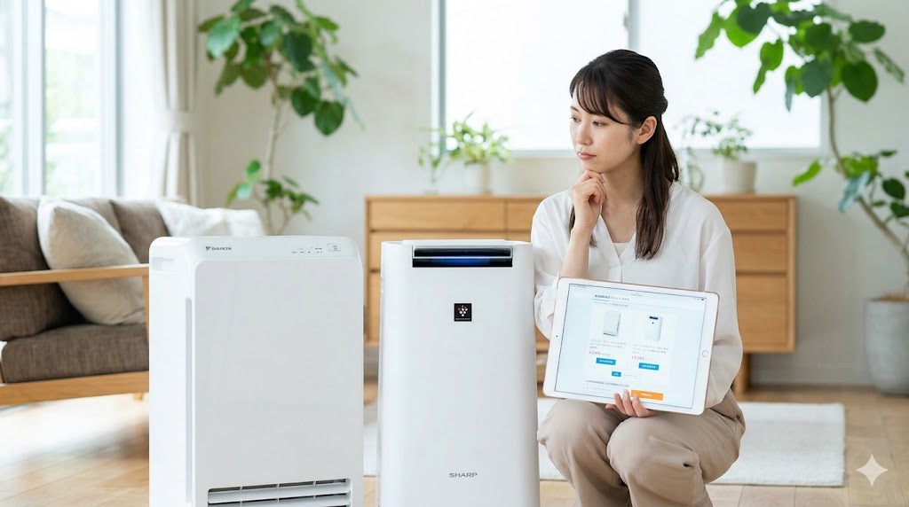 ダイキンとシャープの空気清浄機をリビングで比較する日本人女性。どちらを選ぶか真剣に悩んでいる。