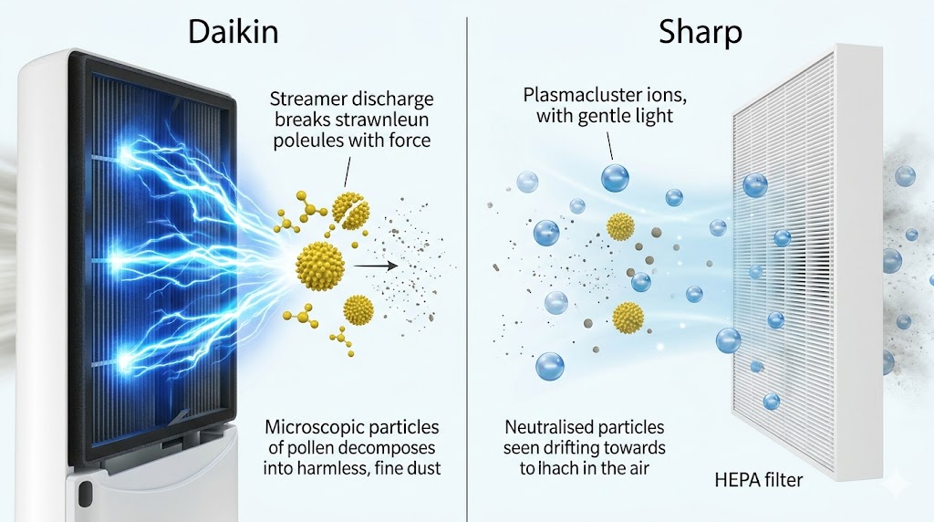 ダイキンのストリーマ(左:花粉分解)とシャープのプラズマクラスター(右:静電気抑制・吸着)の仕組みを比較する図解。
