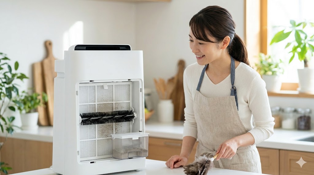 シャープの空気清浄機(上位モデル)のプレフィルター自動掃除機能が、ホコリを自動でかき取る様子。日本人女性がそれを見守っている。