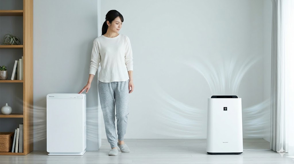 ダイキンの前面吸気モデル(左:壁ピタ設置)とシャープの背面全面吸気モデル(右:背面スペースあり設置)の設置例。日本人女性が並べて立っている。