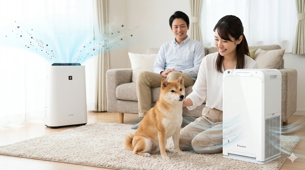 ダイキン(手前:抜け毛とアンモニア臭強力吸引)とシャープ(奥:ソファ付着臭消臭)がそれぞれの得意分野で活躍する、ペット(柴犬)がいる日本人家庭のリビング。
