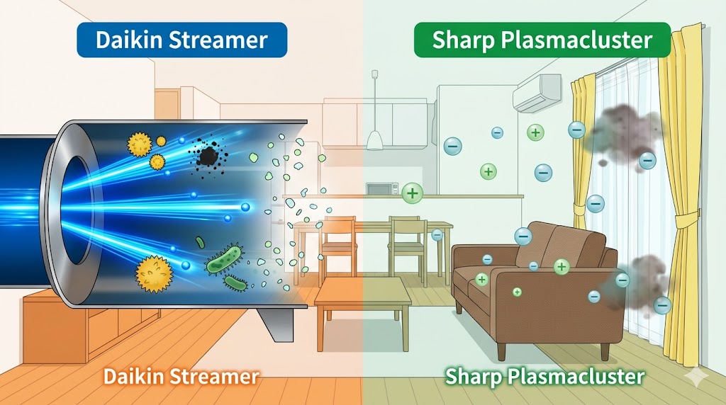 ダイキンのストリーマ(左:強力電子による分解)とシャープのプラズマクラスター(右:イオンによる付着臭・菌抑制)の浄化プロセスの違いを比較する図解。