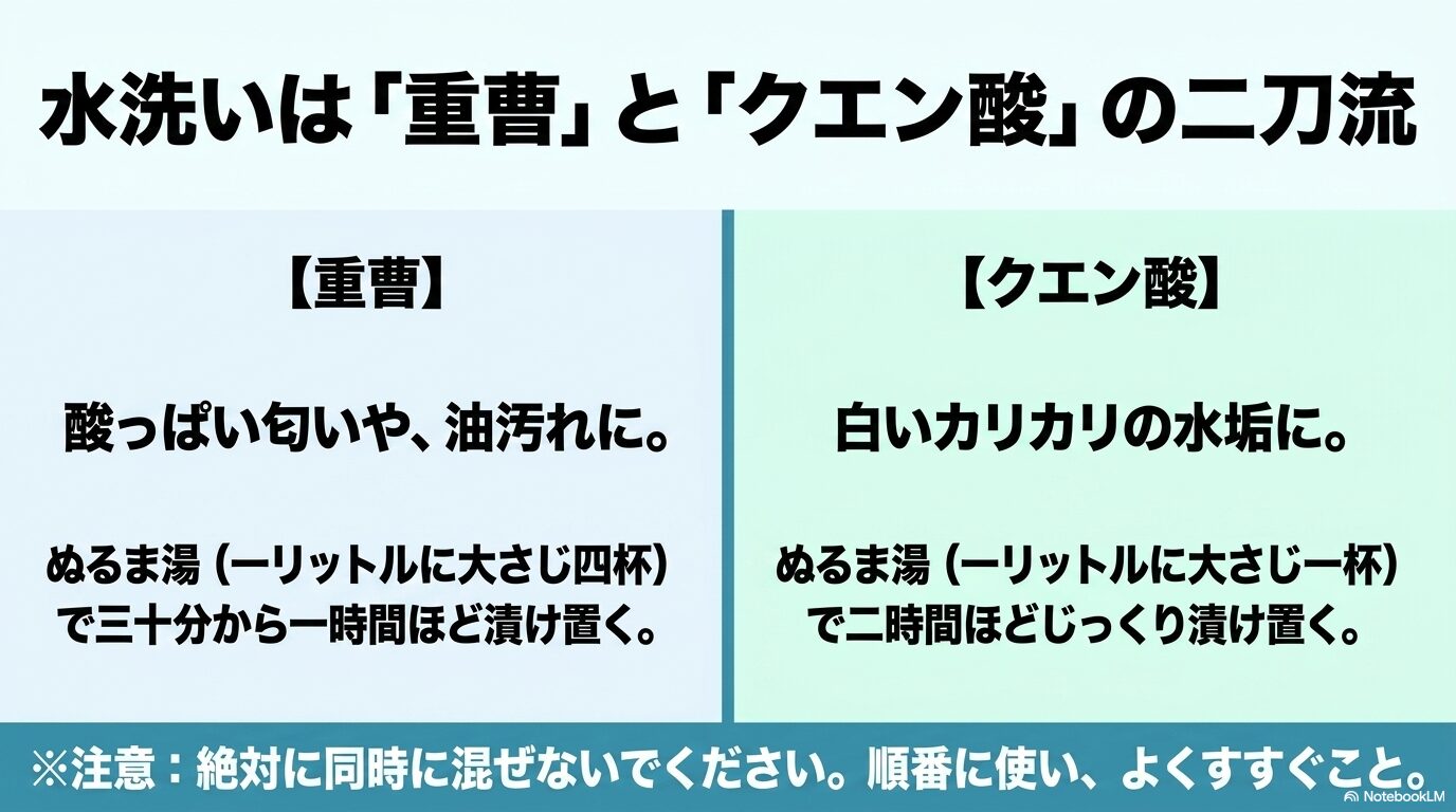 酸っぱい匂い用の重曹と水垢用のクエン酸の使い分け、およびそれぞれの浸け置き時間の目安