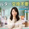 空気清浄機を背景に「フィルター交換不要」の罠について考える日本人女性のアイキャッチ画像。光のラインやキラキラしたエフェクトで装飾されたキャッチーなデザイン。