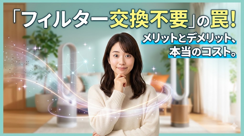 空気清浄機を背景に「フィルター交換不要」の罠について考える日本人女性のアイキャッチ画像。光のラインやキラキラしたエフェクトで装飾されたキャッチーなデザイン。