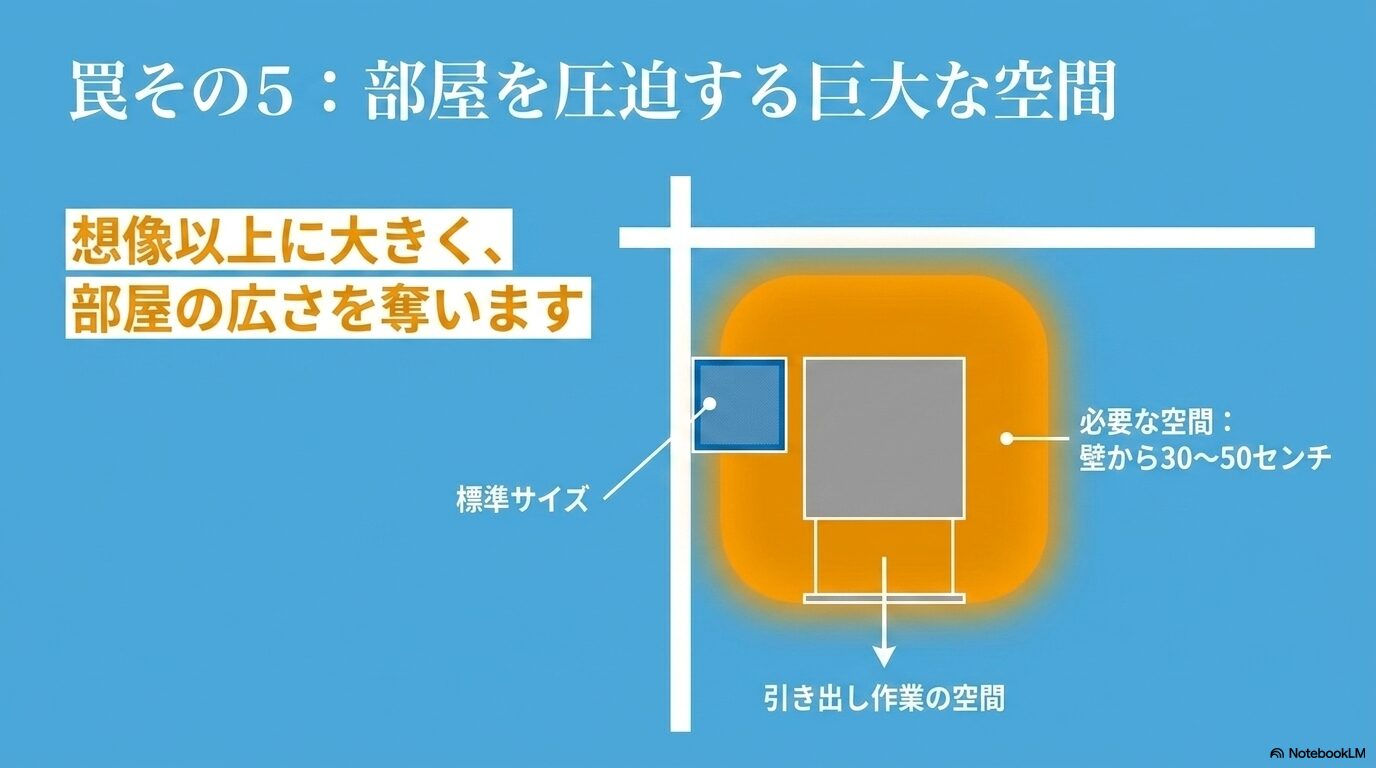 標準サイズよりも壁から30〜50センチの空間や引き出し作業の空間が必要なフィルターレス機のサイズ感