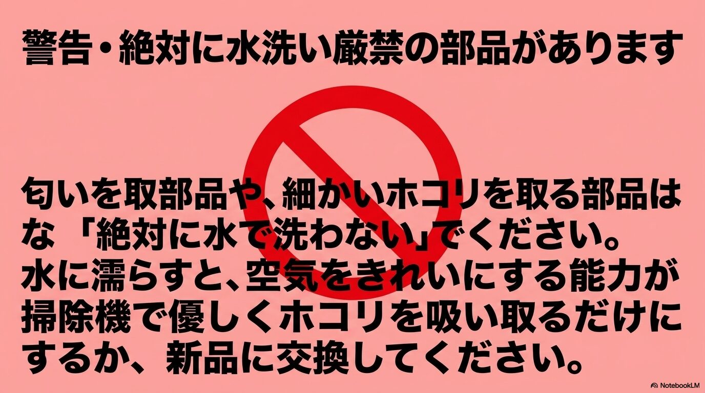 脱臭フィルターや集塵フィルターなど、水に濡らすと性能が失われる部品に関する警告