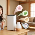 空気清浄機と加湿器が安い時期に、日本人の女性が笑顔でお得に買い物を楽しんでいるアイキャッチ画像