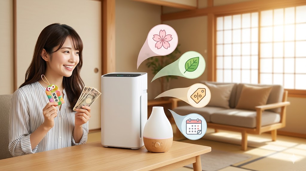空気清浄機と加湿器が安い時期に、日本人の女性が笑顔でお得に買い物を楽しんでいるアイキャッチ画像