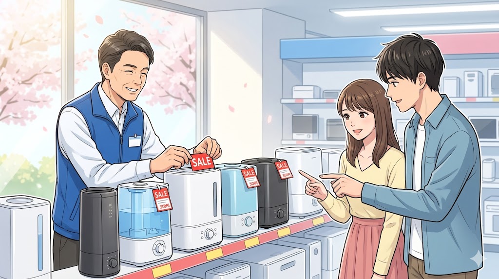 春の家電量販店で加湿器の在庫処分セールを見る日本人カップル