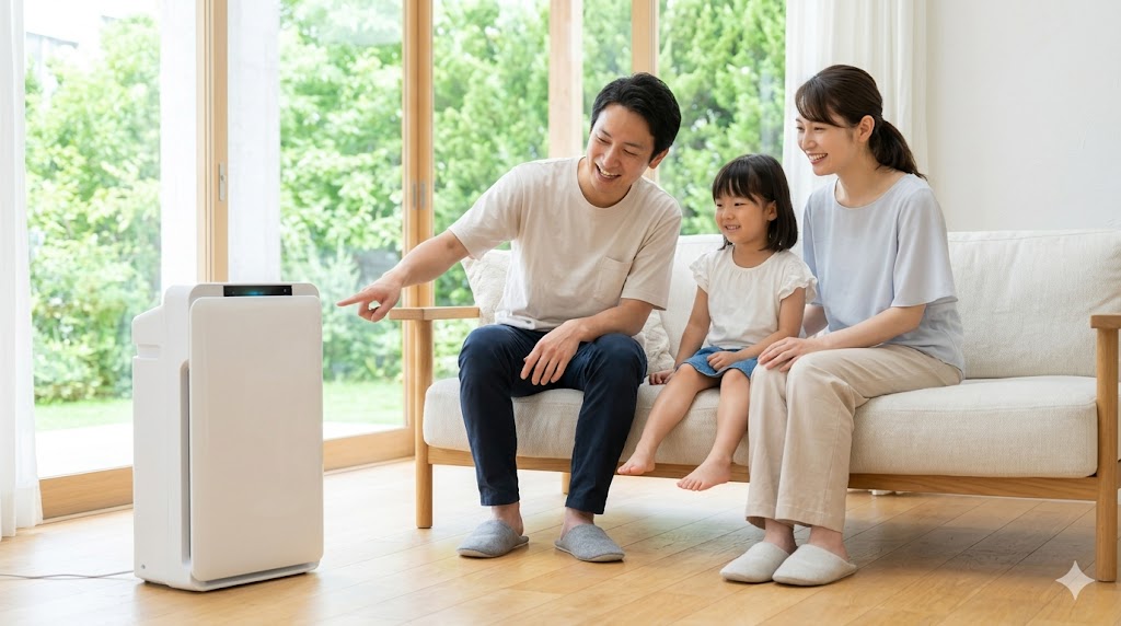 夏の時期に購入した空気清浄機で快適に過ごす日本人家族