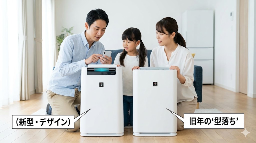 新モデルと型落ち品の空気清浄機を比較する日本人家族