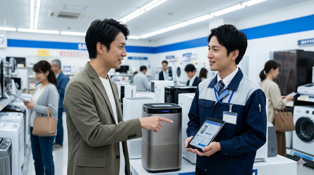 家電量販店で店員と誠実に値引き交渉をする日本人の男性客