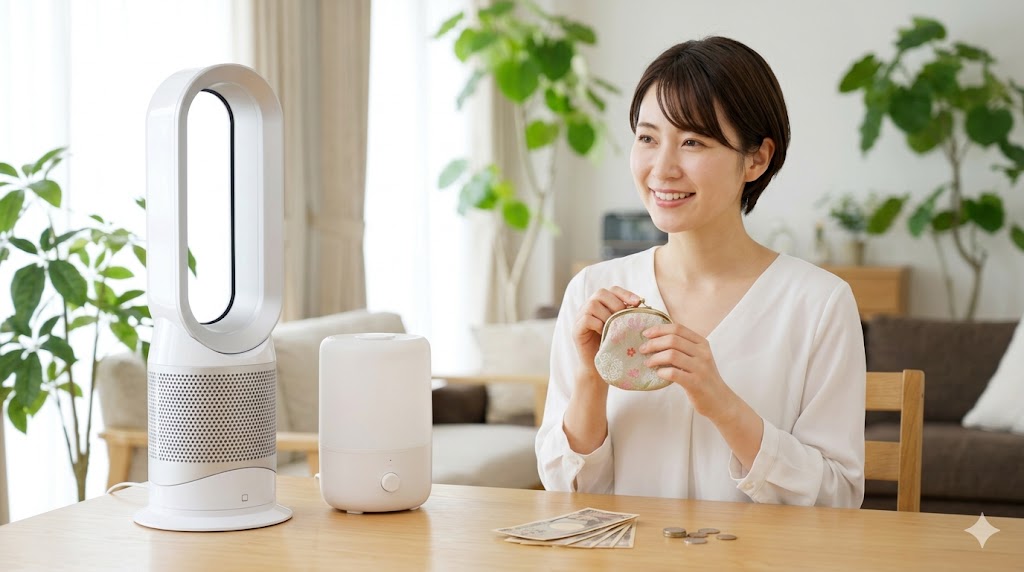 安い時期に空気清浄機と加湿器を購入し、節約できて満足する日本人の女性